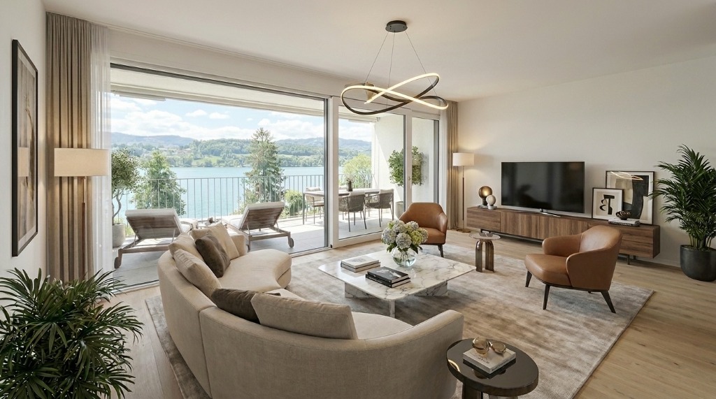 The same Toronto luxury condo living room virtually staged with modern furniture, rug, and TV